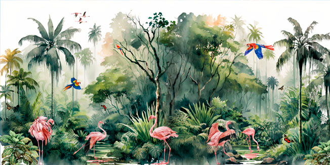Papel pintado vinilo acuarela selva flamingos guacamayos
